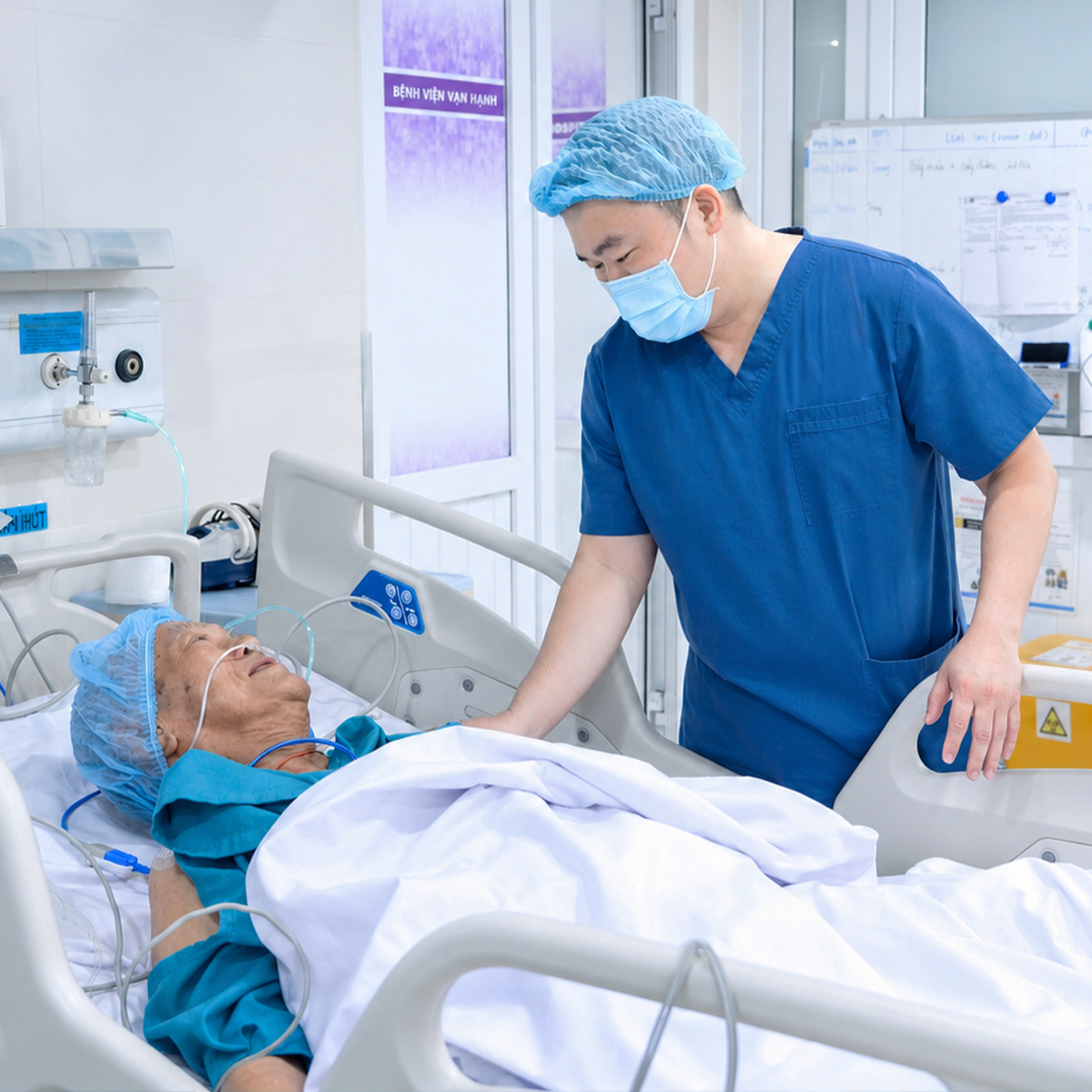 Bác sĩ thăm khám cho bệnh nhân sau khi thực hiện phẫu thuật can thiệp Bác sĩ thăm khám cho bệnh nhân sau khi thực hiện phẫu thuật can thiệp